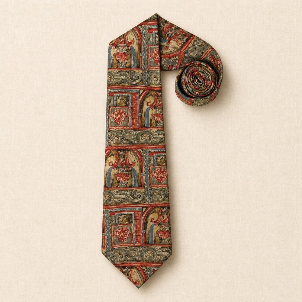 Barrington Silk Necktie Ornate Baroque Architectural Print Red Gold Vintage OS